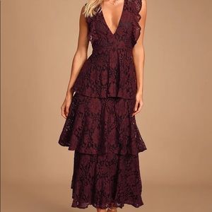 Lulus midi ruffled burgundy dress